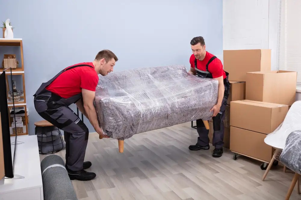 Meticulously packed office furniture and equipment for secure transportation.
