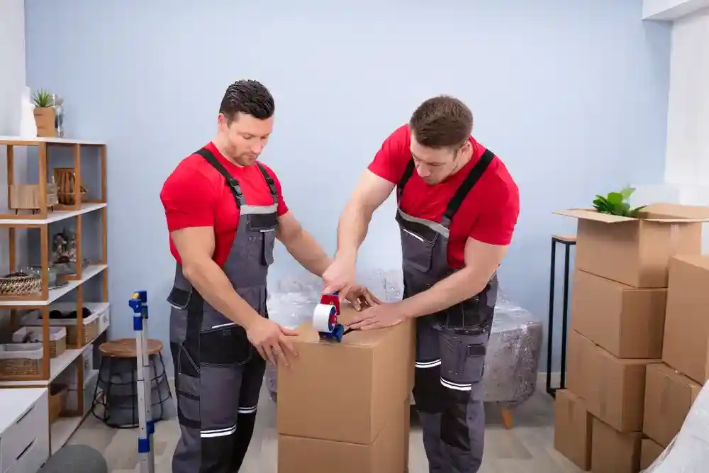 Moving crew organizing packed boxes in a tidy and efficient manner.