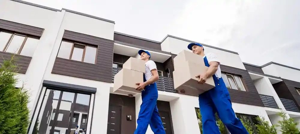 two men moving packages with care